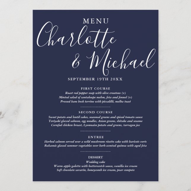 Elegant Navy Blue Signature Script Wedding Menu (Front)