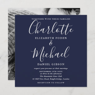 Elegant Navy Blue Signature Wedding Photo  Invitation