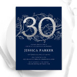 Elegant Navy Blue Silver 30th Birthday Invitation<br><div class="desc">Elegant navy blue silver 30th birthday party invitation. Customisable modern feminine design featuring roses botanical accents and faux glitter silver. Simple floral invite card perfect for a stylish female bday celebration. Personalise with your own details. Printed Zazzle invitations or instant download digital printable template.</div>