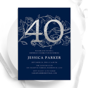 Elegant Navy Blue Silver 40th Birthday Invitation