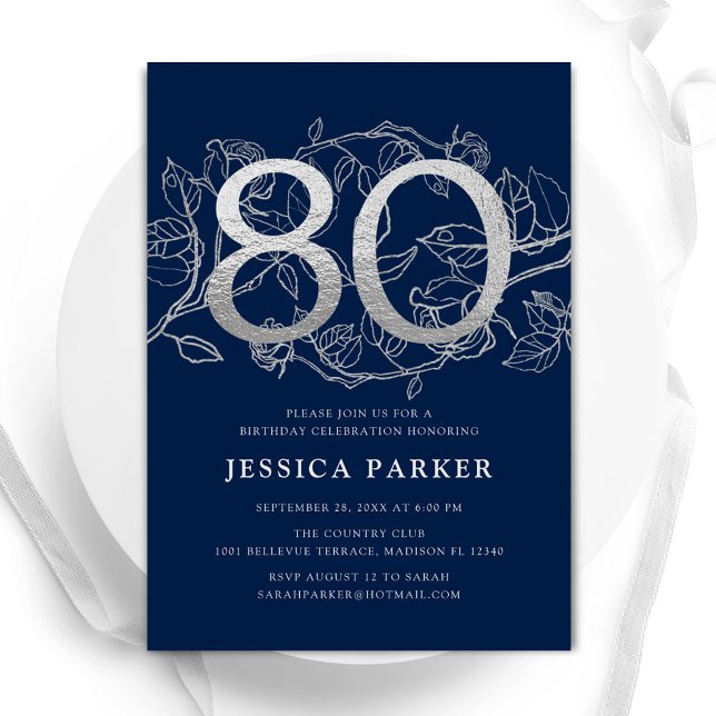 Elegant Navy Blue Silver 80th Birthday Invitation (Creator Uploaded)