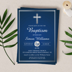 Elegant Navy Blue Silver Boy Baptism Invitation