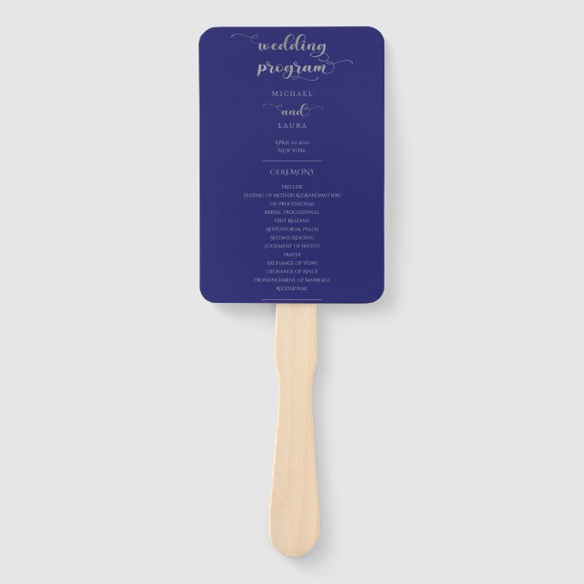 Elegant Navy Blue Silver Calligraphy Wedding Hand Fan (Front)