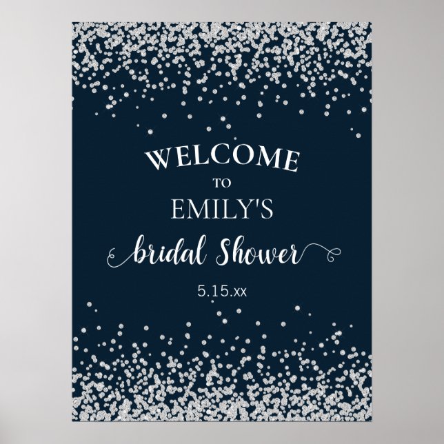 Elegant Navy Blue Silver Confetti Bridal Shower Poster (Front)