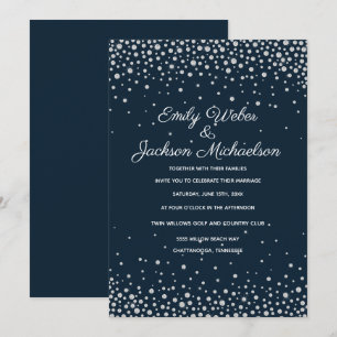 Elegant Navy Blue Silver Diamond Confetti Wedding Invitation