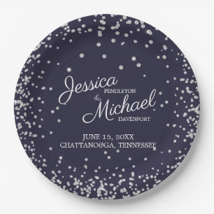 Elegant Navy Blue Silver Diamond Glitter Wedding Paper Plate