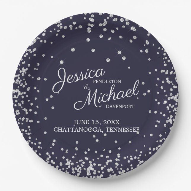 Elegant Navy Blue Silver Diamond Glitter Wedding Paper Plate (Front)