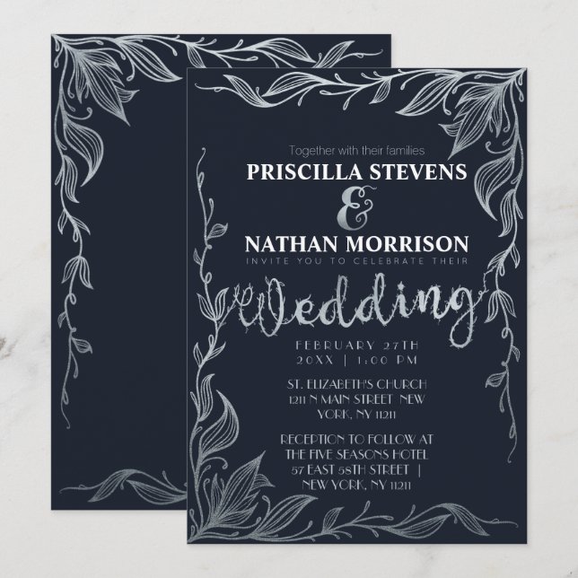 Elegant Navy Blue Silver Drawn Floral Vine Wedding Invitation (Front/Back)