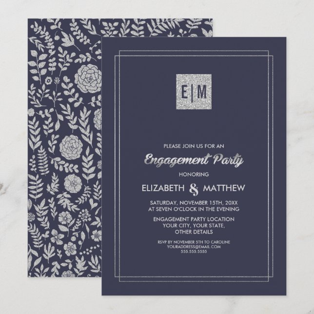 Elegant Navy Blue | Silver Engagement Party  Invitation (Front/Back)