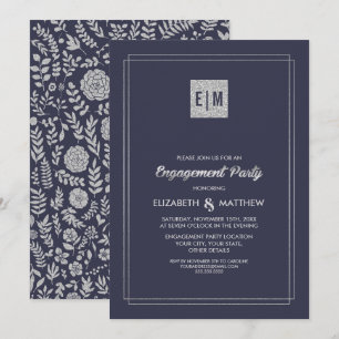 Elegant Navy Blue   Silver Engagement Party  Invitation