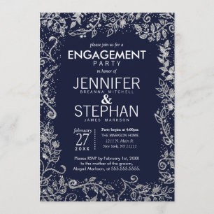 Elegant Navy Blue Silver Floral Glitter Engagement Invitation
