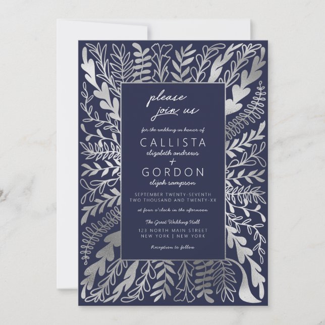 Elegant Navy Blue Silver Floral Leaf Wedding Invitation (Front)