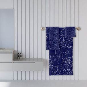 Elegant Navy Blue Silver Floral Pattern Bath Towel Set