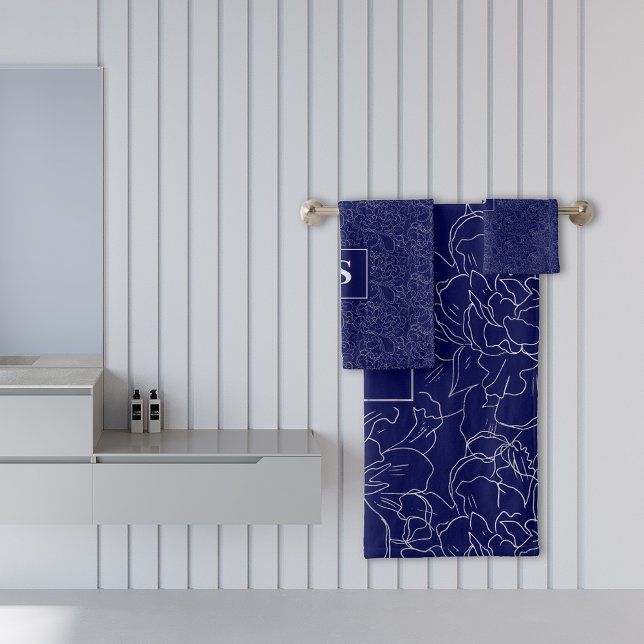 Elegant Navy Blue Silver Floral Pattern Bath Towel Set (Creator Uploaded)