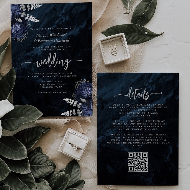 Elegant Navy Blue Silver Floral QR Code Wedding Invitation (Creator Uploaded)