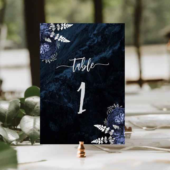 Elegant Navy Blue Silver Floral Wedding Table Number (Creator Uploaded)