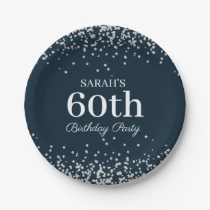 Elegant Navy Blue Silver Glitter 60th Birthday Paper Plate