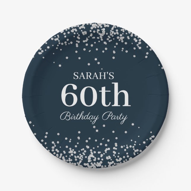 Elegant Navy Blue Silver Glitter 60th Birthday Paper Plate (Front)