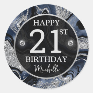 Elegant Navy Blue & Silver Glitter Agate Birthday Classic Round Sticker