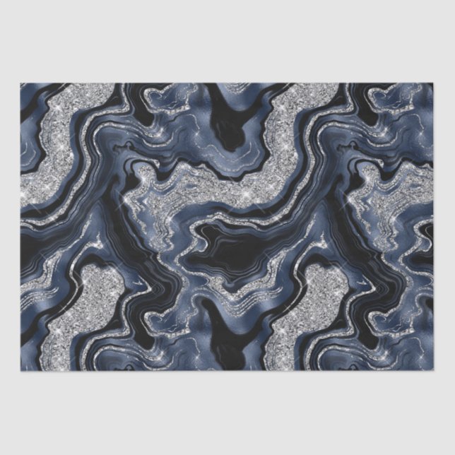 Elegant Navy Blue & Silver Glitter Agate Birthday Tissue Paper (Front)