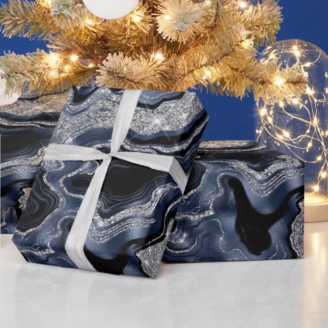 Elegant Navy Blue & Silver Glitter Agate Birthday Wrapping Paper (Holidays)