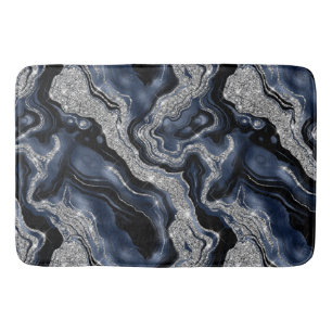 Elegant Navy Blue & Silver Glitter Agate Pattern Bath Mat