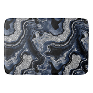 Elegant Navy Blue & Silver Glitter Agate Pattern Bath Mat