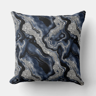 Elegant Navy Blue & Silver Glitter Agate Pattern Cushion