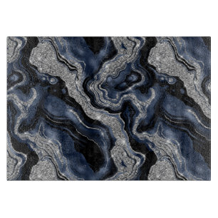 Elegant Navy Blue & Silver Glitter Agate Pattern Cutting Board