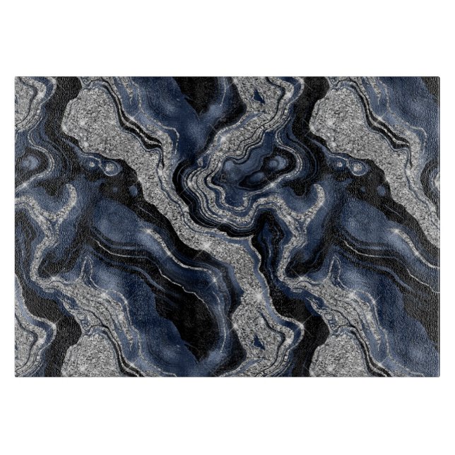 Elegant Navy Blue & Silver Glitter Agate Pattern Cutting Board (Front)