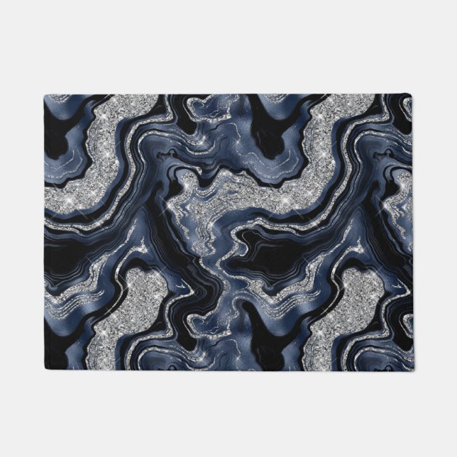 Elegant Navy Blue & Silver Glitter Agate Pattern Doormat (Front)