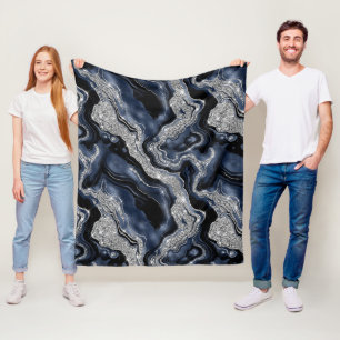 Elegant Navy Blue & Silver Glitter Agate Pattern Fleece Blanket