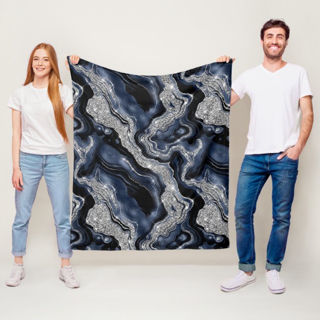 Elegant Navy Blue & Silver Glitter Agate Pattern Fleece Blanket (In Situ)