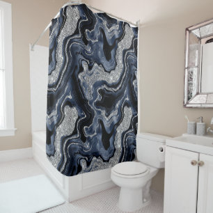 Elegant Navy Blue & Silver Glitter Agate Pattern Shower Curtain