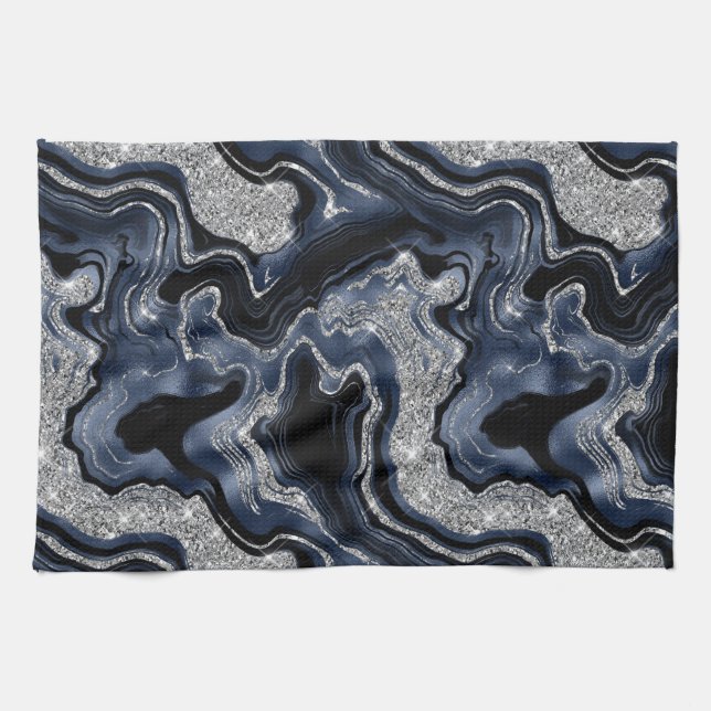Elegant Navy Blue & Silver Glitter Agate Pattern Tea Towel (Horizontal)