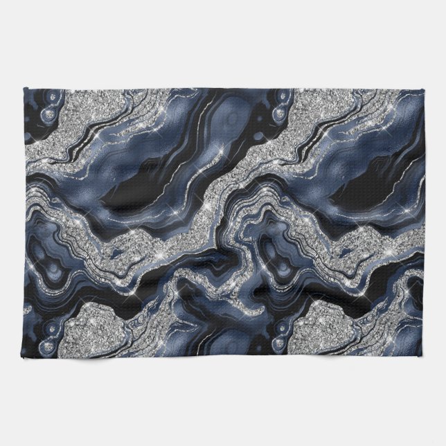 Elegant Navy Blue & Silver Glitter Agate Pattern Tea Towel (Horizontal)