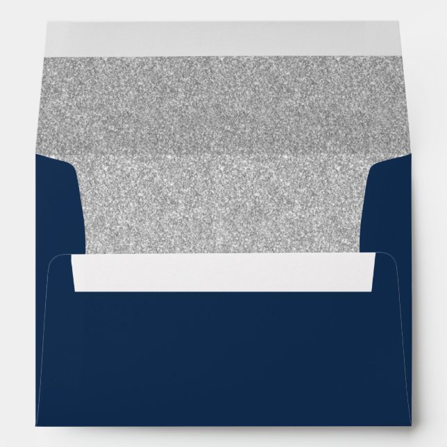 Elegant Navy Blue Silver Glitter Modern Wedding Envelope (Back (Bottom))