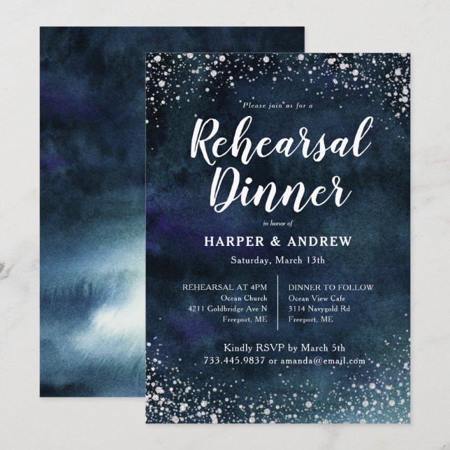Elegant Navy Blue Silver Glitter Rehearsal Dinner Invitation (Front/Back)
