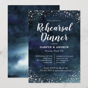 Elegant Navy Blue Silver Glitter Rehearsal Dinner Invitation
