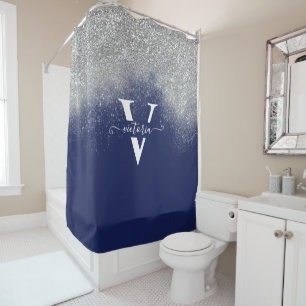 Elegant Navy Blue Silver Glitter Sparkle Monogram Shower Curtain