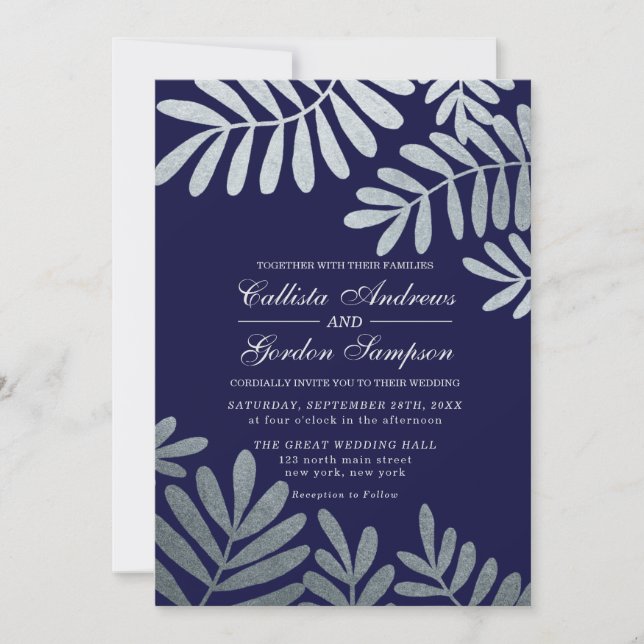 Elegant Navy Blue Silver Leaves Wedding Invitation (Front)