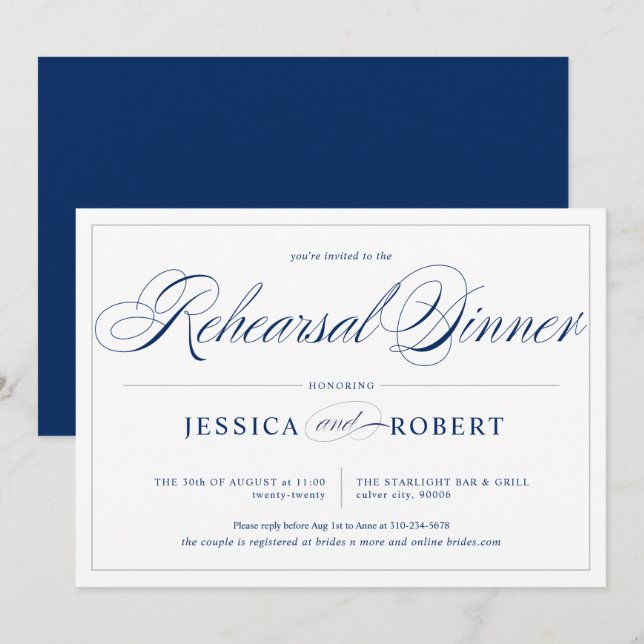 Elegant Navy Blue Silver Lines Rehearsal Dinner Invitation (Front/Back)