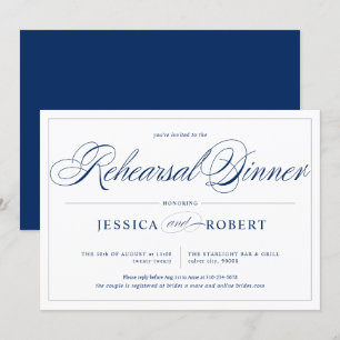 Elegant Navy Blue Silver Lines Rehearsal Dinner Invitation