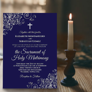 Elegant Navy Blue & Silver Modern Catholic Wedding Invitation