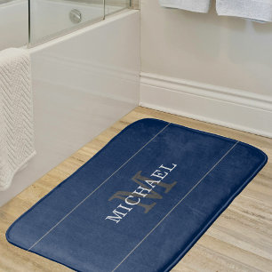 Elegant Navy Blue Silver Monogram Personalised Bath Mat