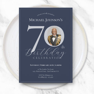 Elegant Navy Blue Silver Photo 70th Birthday Invitation