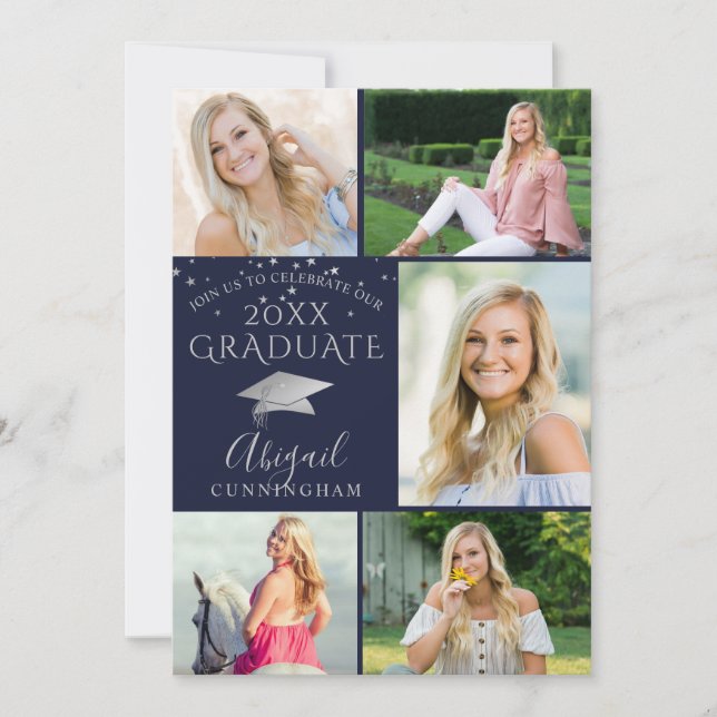 Elegant Navy Blue Silver Photo Collage Graduate Invitation (Front)