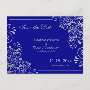 Elegant Navy Blue Silver Save the Date Wedding Announcement Postcard