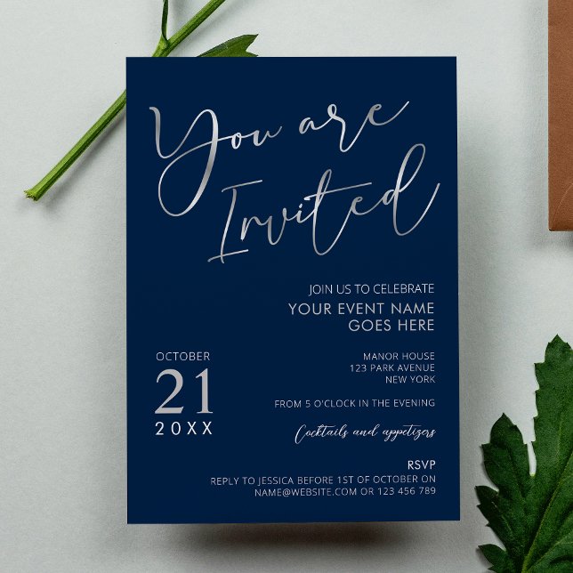Elegant Navy Blue & Silver Script Company Party Invitation (Elegant navy blue and faux silver business event invitations with calligraphy fonts and your logo)