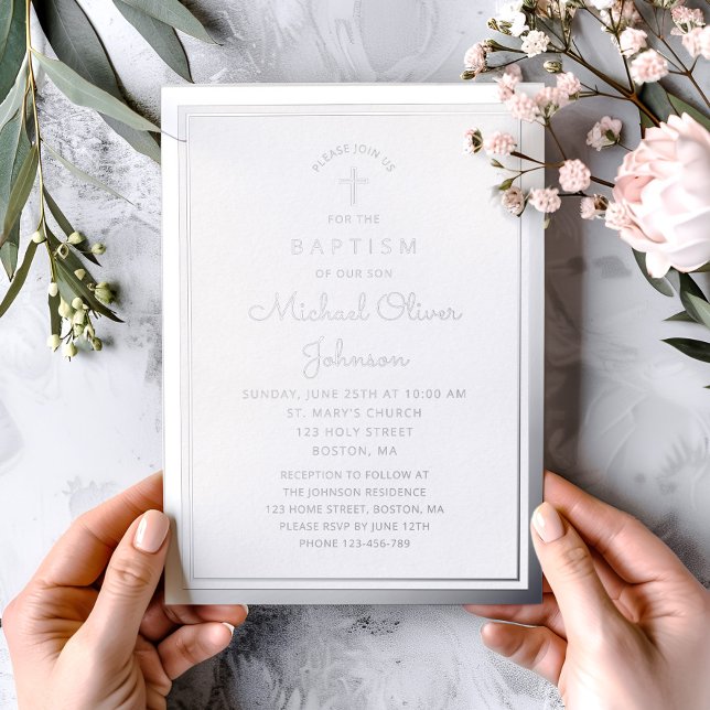 Elegant Navy Blue Silver Script Religious Baptism (Elegant Navy Blue Silver Script Religious Baptism Foil Invitation)